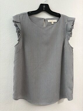 Monteau Los Angeles Black & White Pinstripe Ruffle Cap-Sleeve Shell